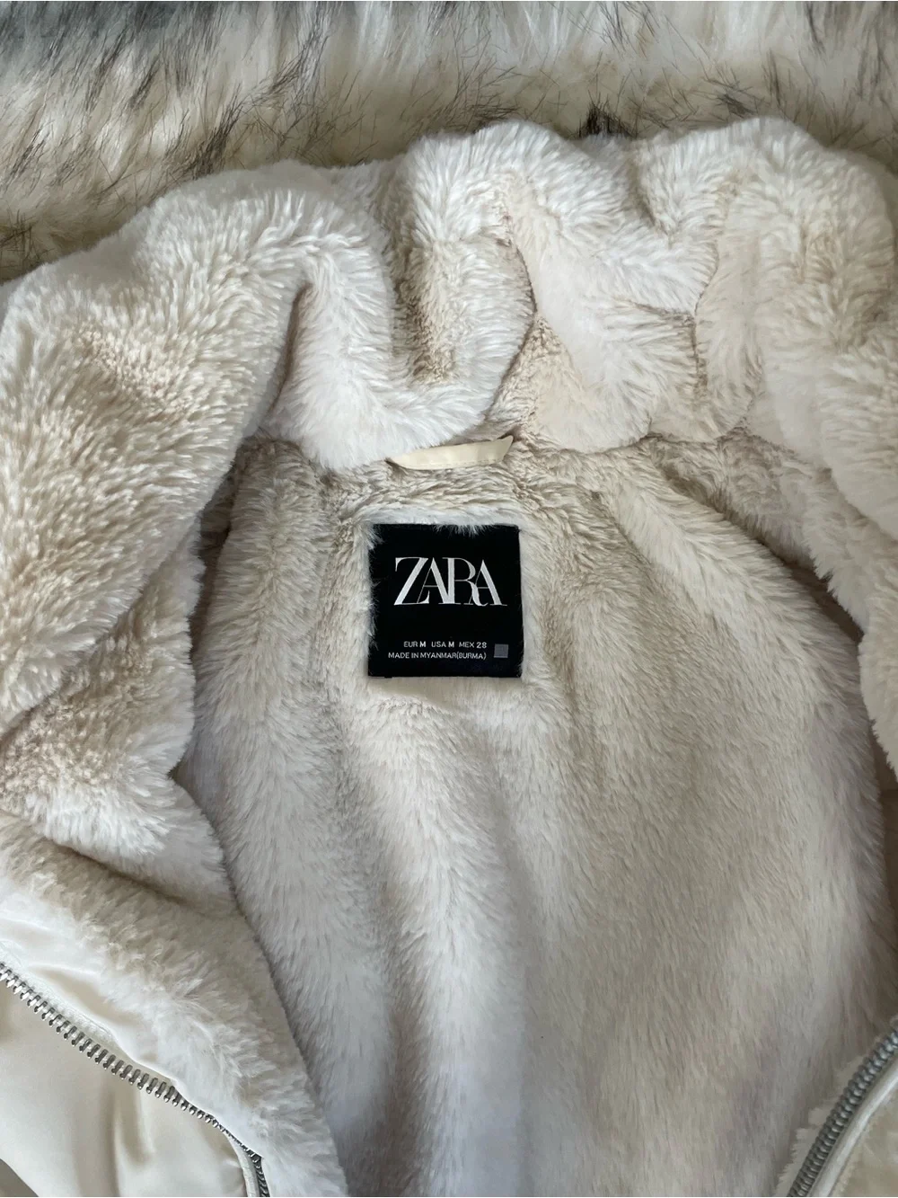 Zara Cream Quilted Hooded Puffer with Faux-Fur Trim